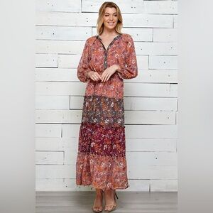 fig and flower Tiered Floral Maxi Dress - Pink Rust Multi